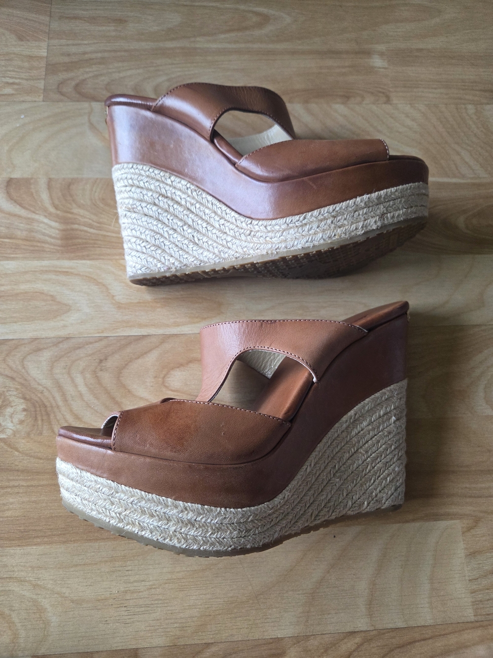 Jimmy Choo Tan Leather Espadrille Wedge Sandals